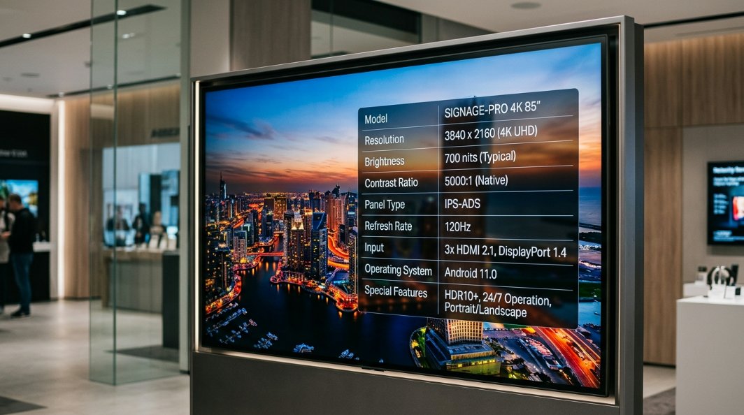 A detailed technical specification table overlaying an image of a high-resolution 4K digital signage panel showing vibrant colors.